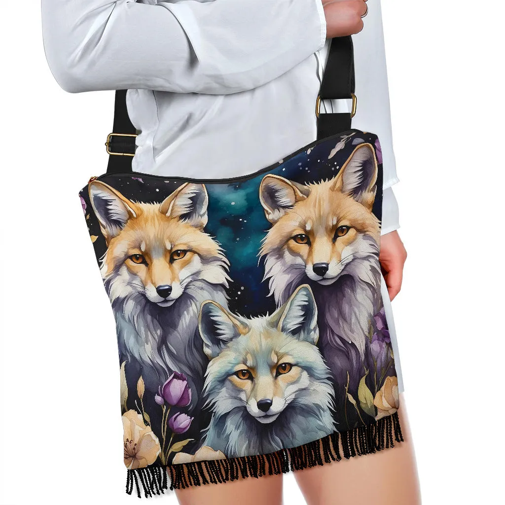 Foxes Purple Flowers Crossbody Fringe Bag