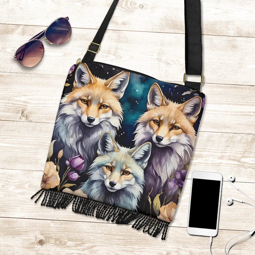 Foxes Purple Flowers Crossbody Fringe Bag