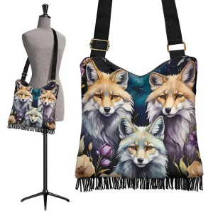 Foxes Purple Flowers Crossbody Fringe Bag