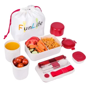 Fun Life Bento Box, Meal Prep Food Storage Containers Set, 6-Piece Eco-Friendly Wheat Straw Leakproof Box Containers, 1100 ML Japanese Bento Lunch Box with Spoon Fork Set, Bento Box for Kids/Teens