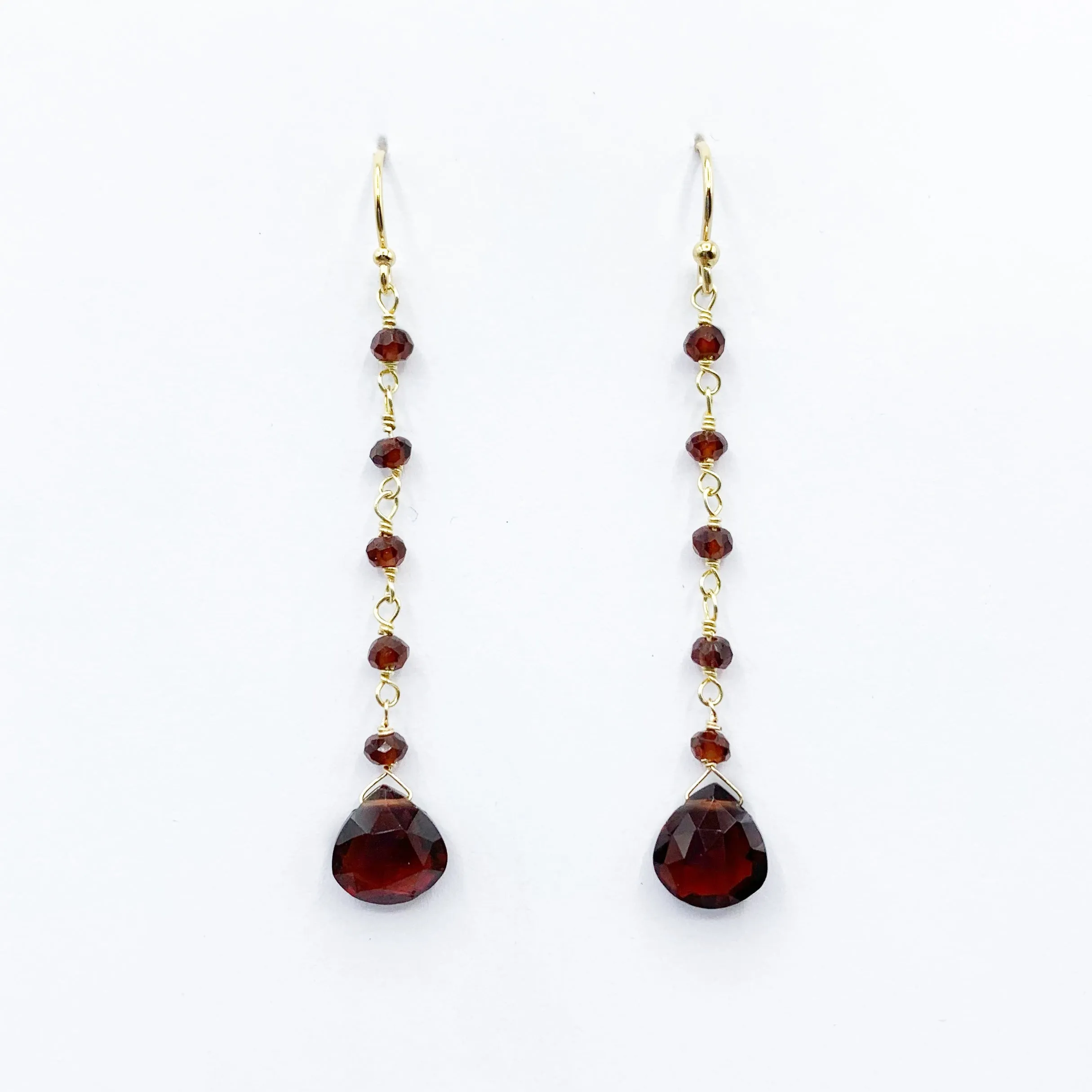 Garnet Drop Earrings Gold Filled with Beaded Chain