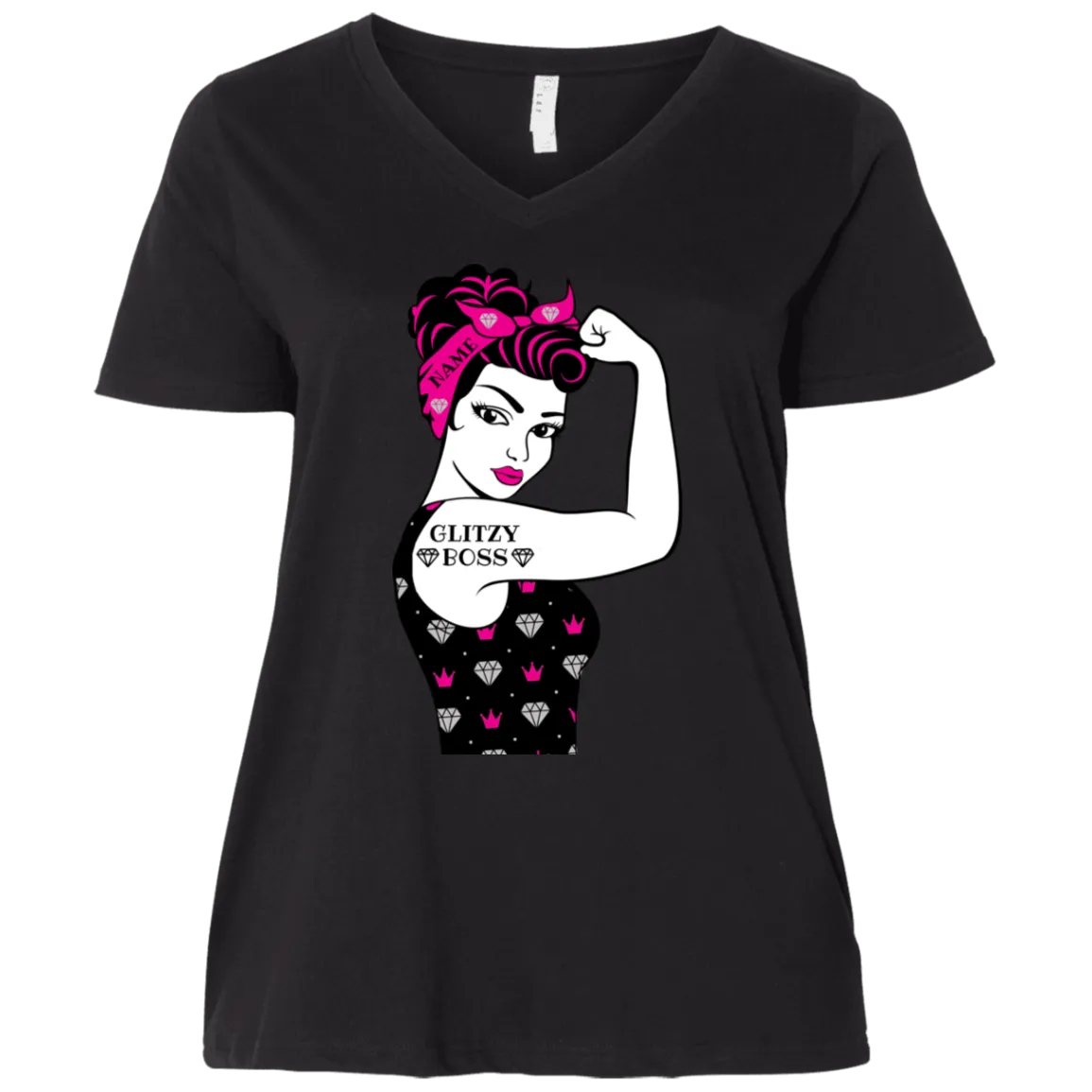 Glitzy Boss Custom Name Curvy Plus Size Women's V-Neck Tee