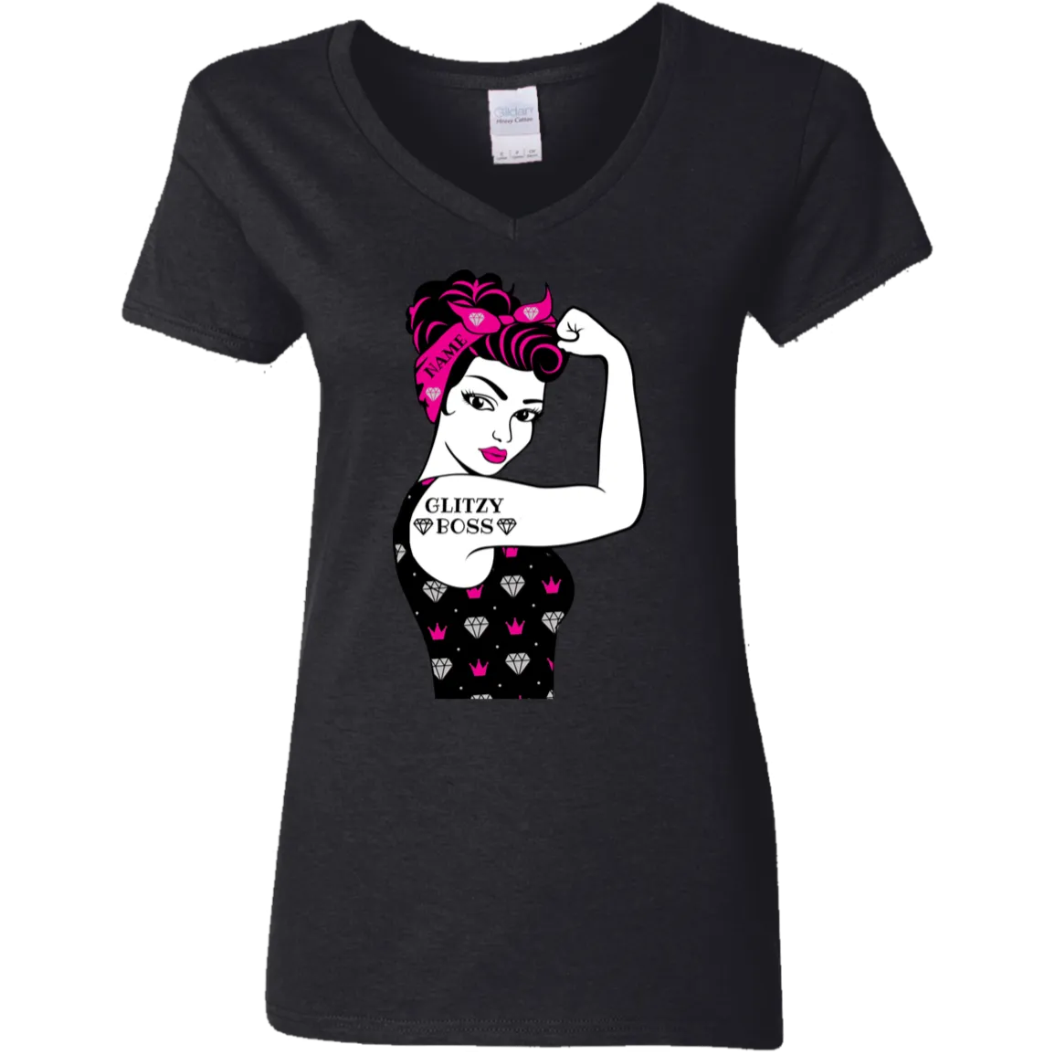 Glitzy Boss Custom Name Women's V-Neck Tee