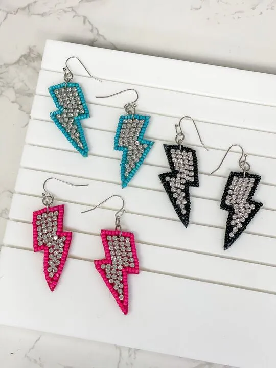 Glitzy Lightning Bolt Beaded Dangle Earrings - Hot Pink