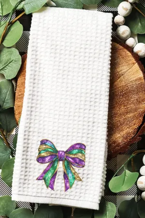 Glitzy Mardi Gras Bow Waffle Kitchen Towel