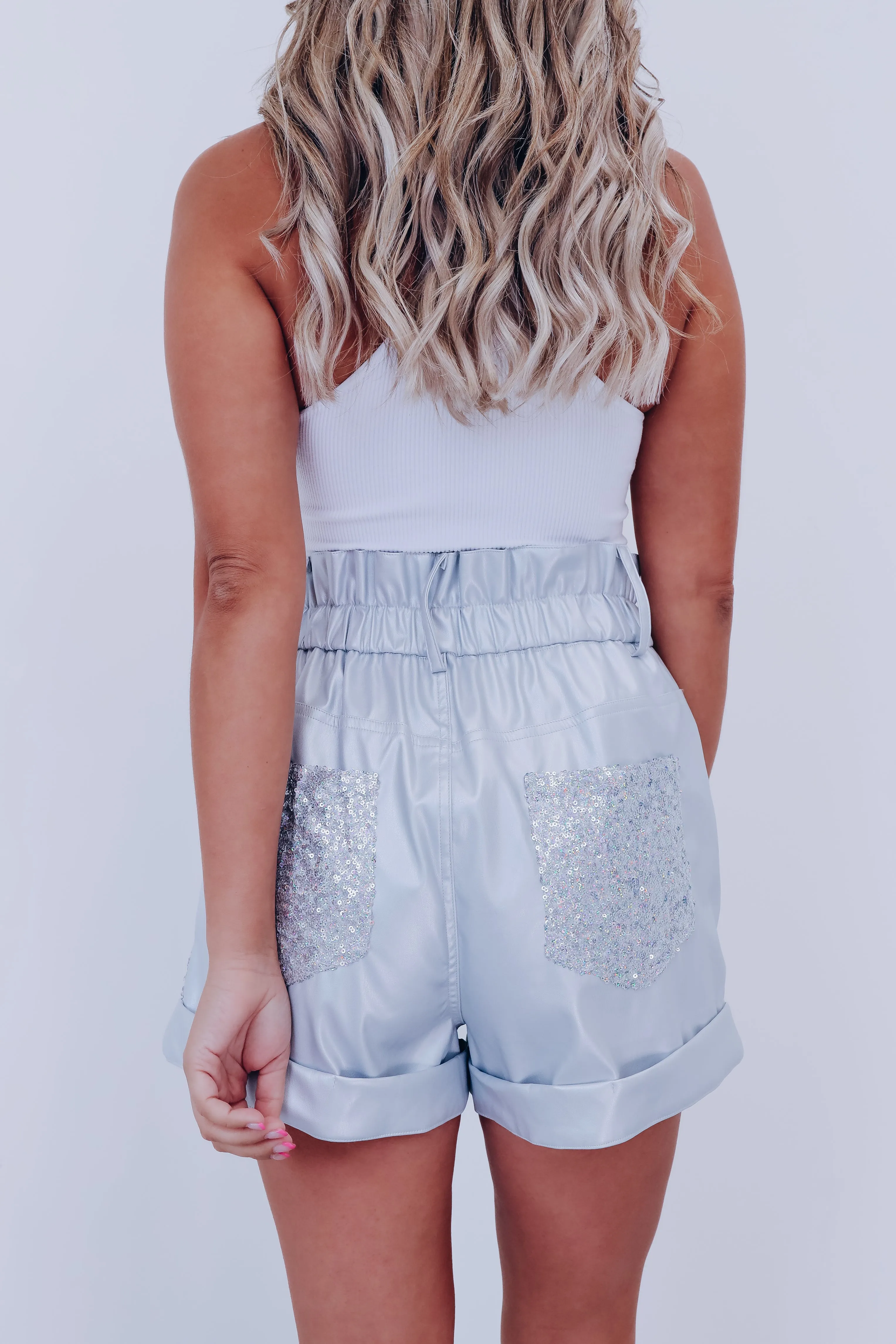 Glitzy Sequin And Faux Leather Shorts - Silver