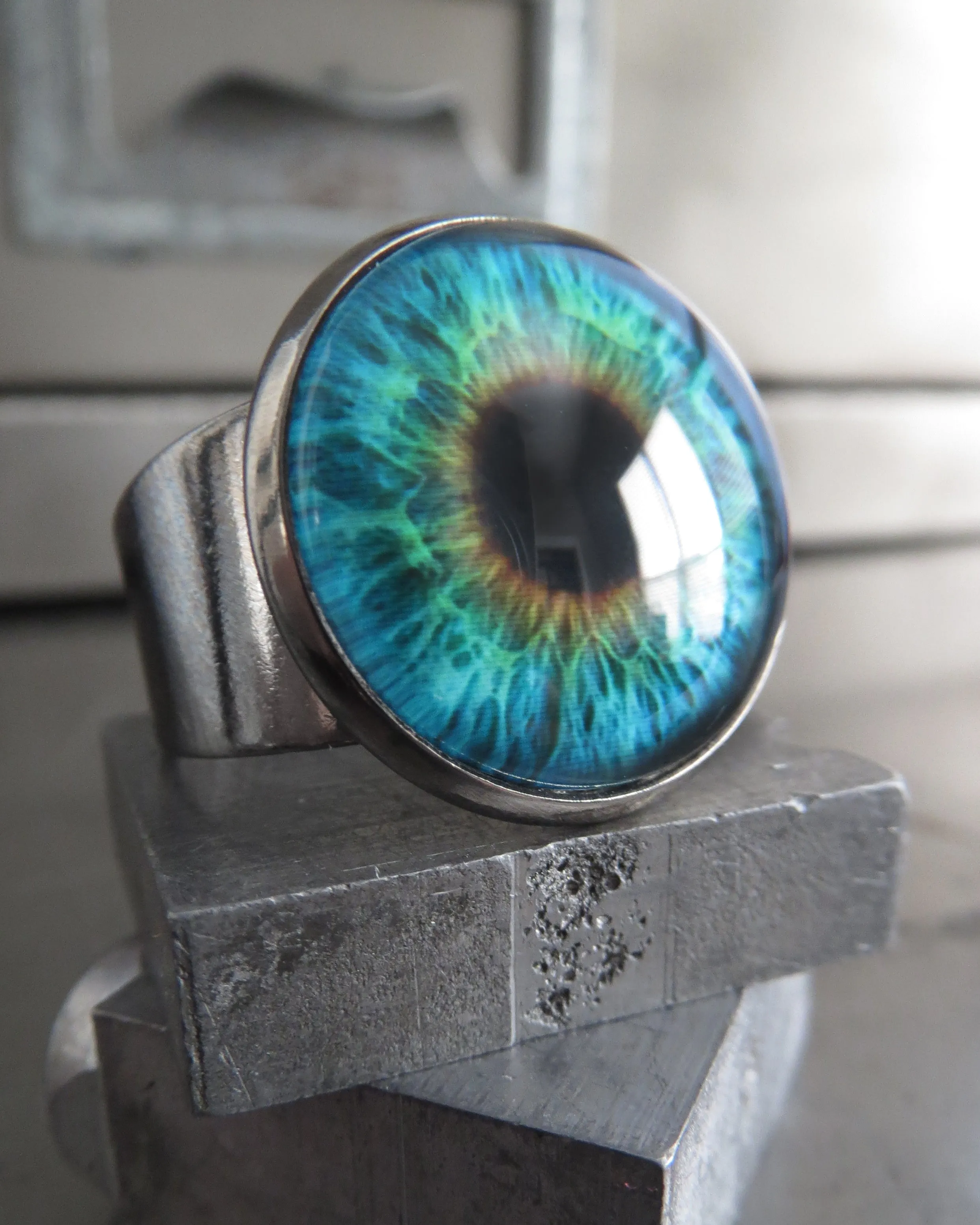Gothic Halloween Eyeball Ring in Glossy Aqua - Two Sizes