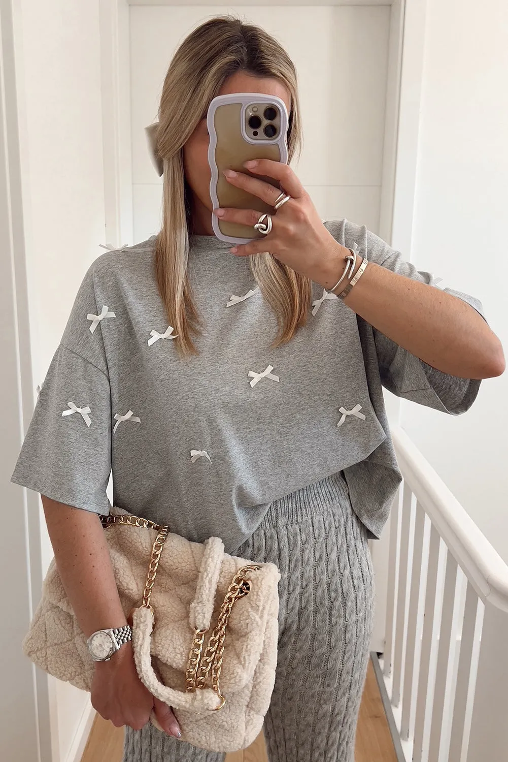 Gray Tiny Bow Embellished Drop Shoulder Loose T Shirt