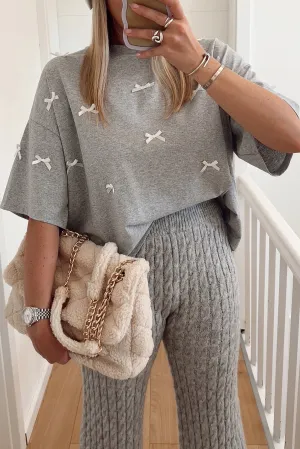 Gray Tiny Bow Embellished Drop Shoulder Loose T Shirt