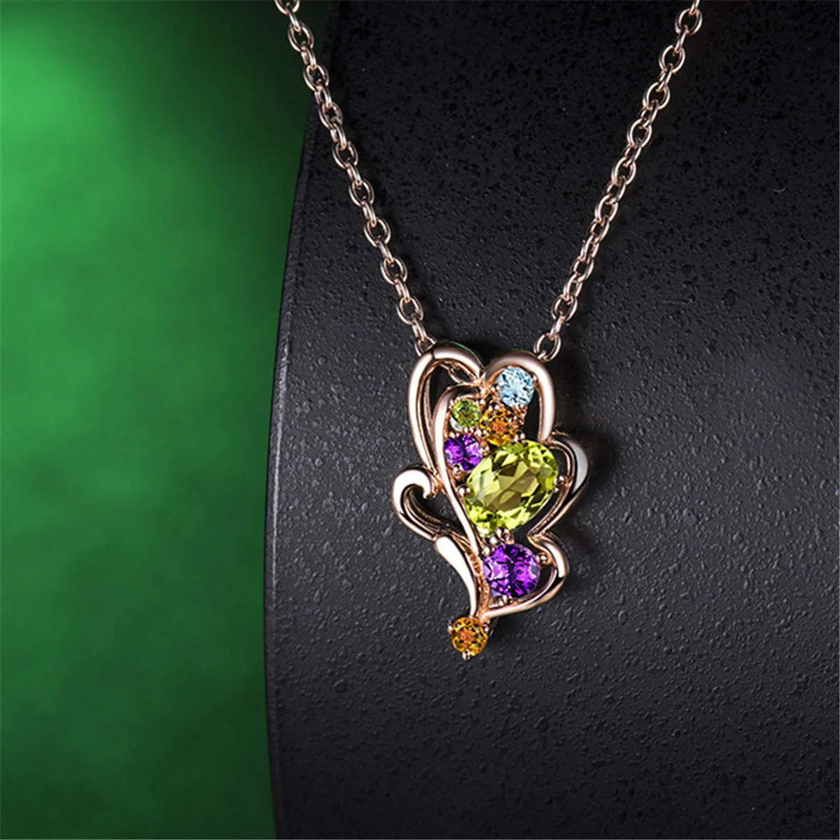Green Crystal & Cubic Zirconia Leaf Pendant Necklace
