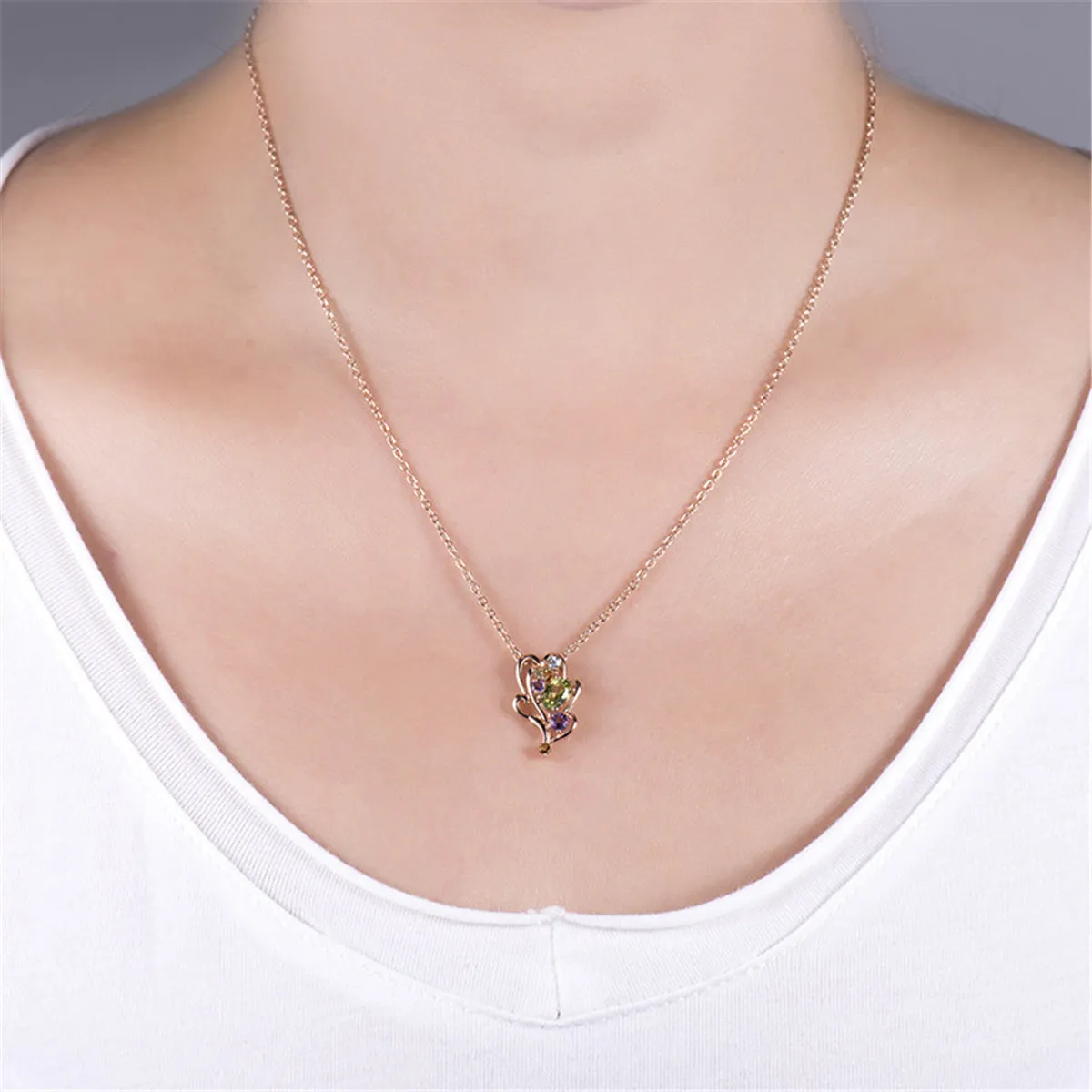 Green Crystal & Cubic Zirconia Leaf Pendant Necklace