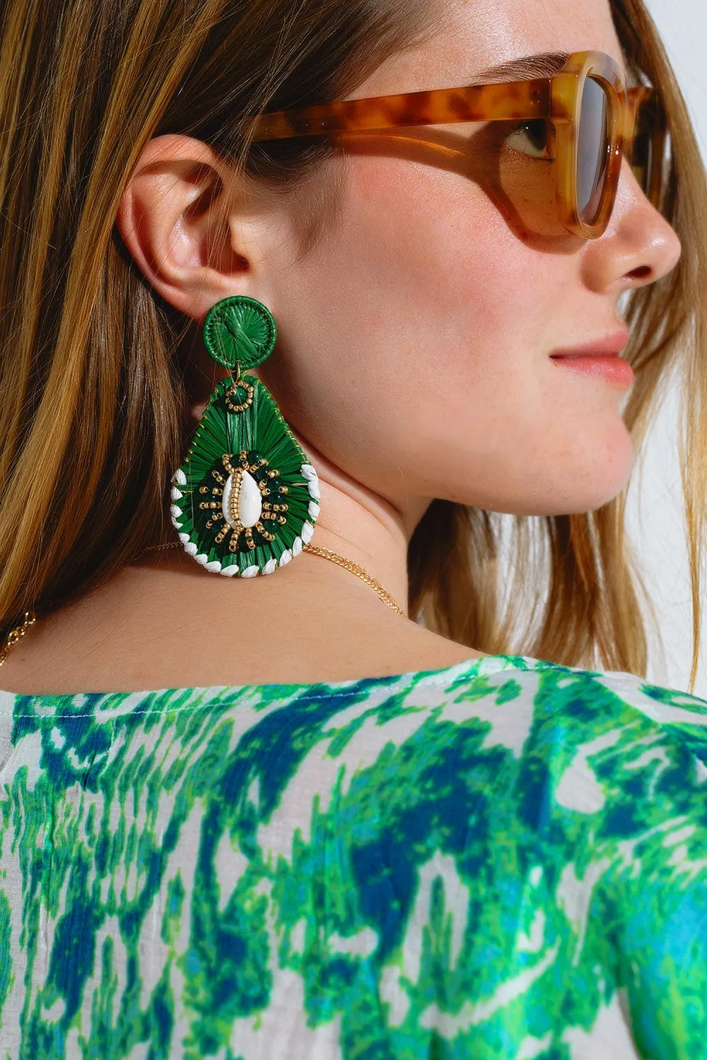 Green Waterdrop Earrings With Embellishments