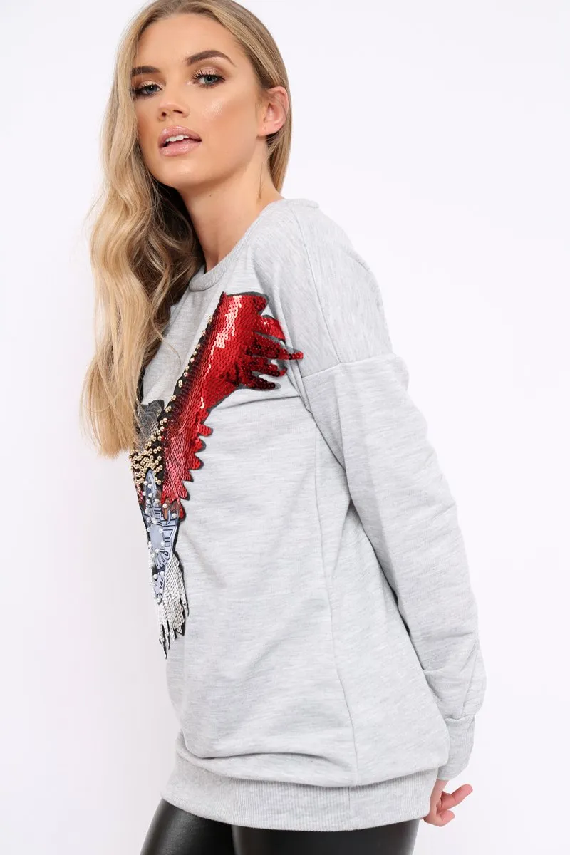 Grey Sequin Embellished Rock Eagle Slogan Sweatshirt - Zaria