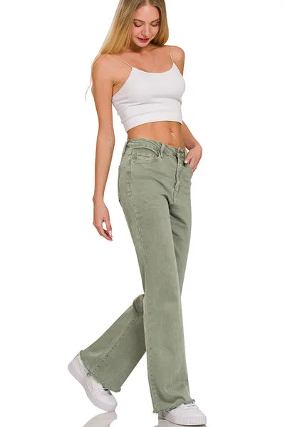 Happy Days Acid Wash Frayed Hem Wide Leg Pants-Multiple Colors Available