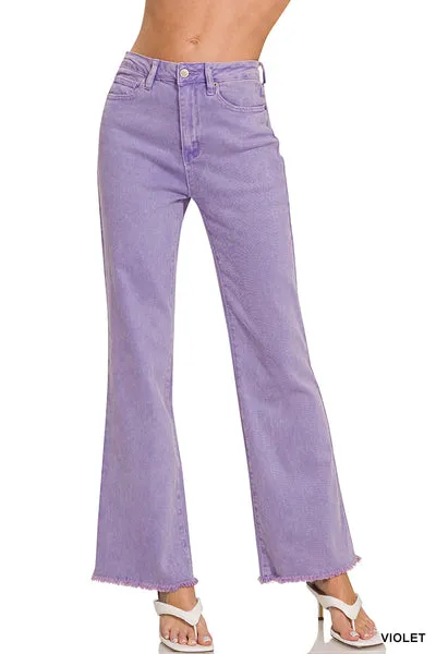 Happy Days Acid Wash Frayed Hem Wide Leg Pants-Multiple Colors Available