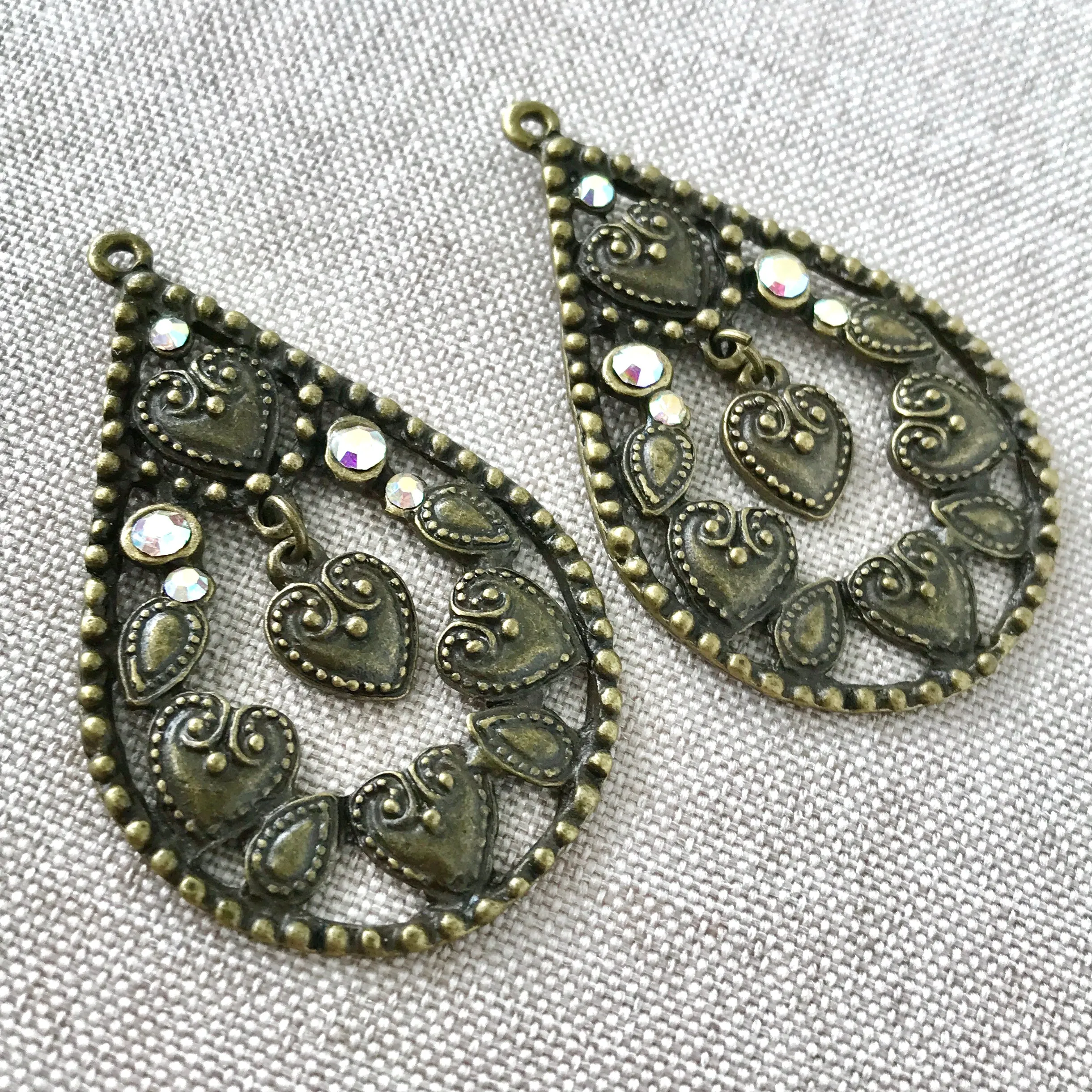 Heart Rhinestone Dangle Antique Gold Teardrop Charms - Antiqued Gold - Brass - 48mm - Package of 2 Charms