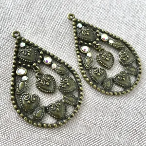 Heart Rhinestone Dangle Antique Gold Teardrop Charms - Antiqued Gold - Brass - 48mm - Package of 2 Charms