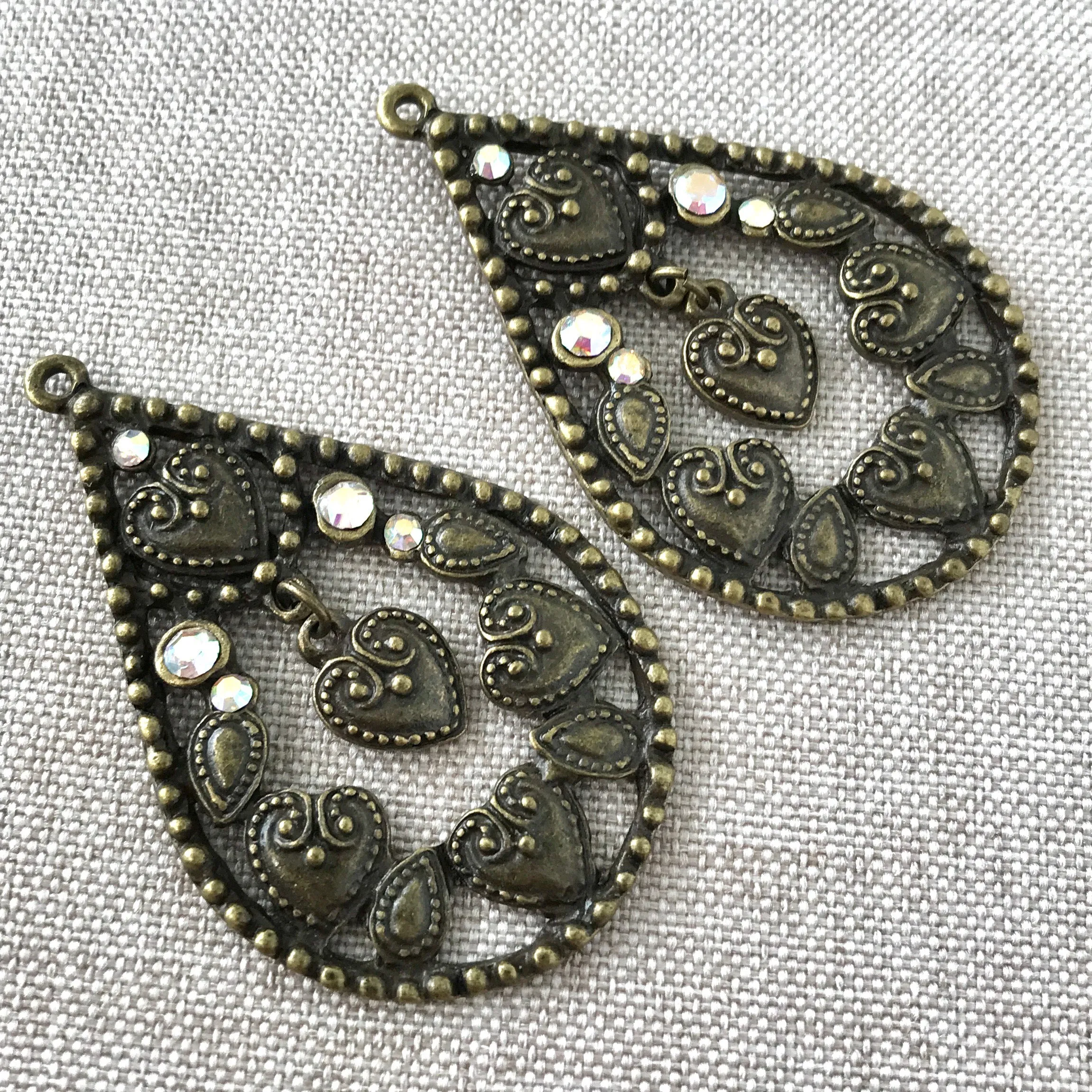 Heart Rhinestone Dangle Antique Gold Teardrop Charms - Antiqued Gold - Brass - 48mm - Package of 2 Charms