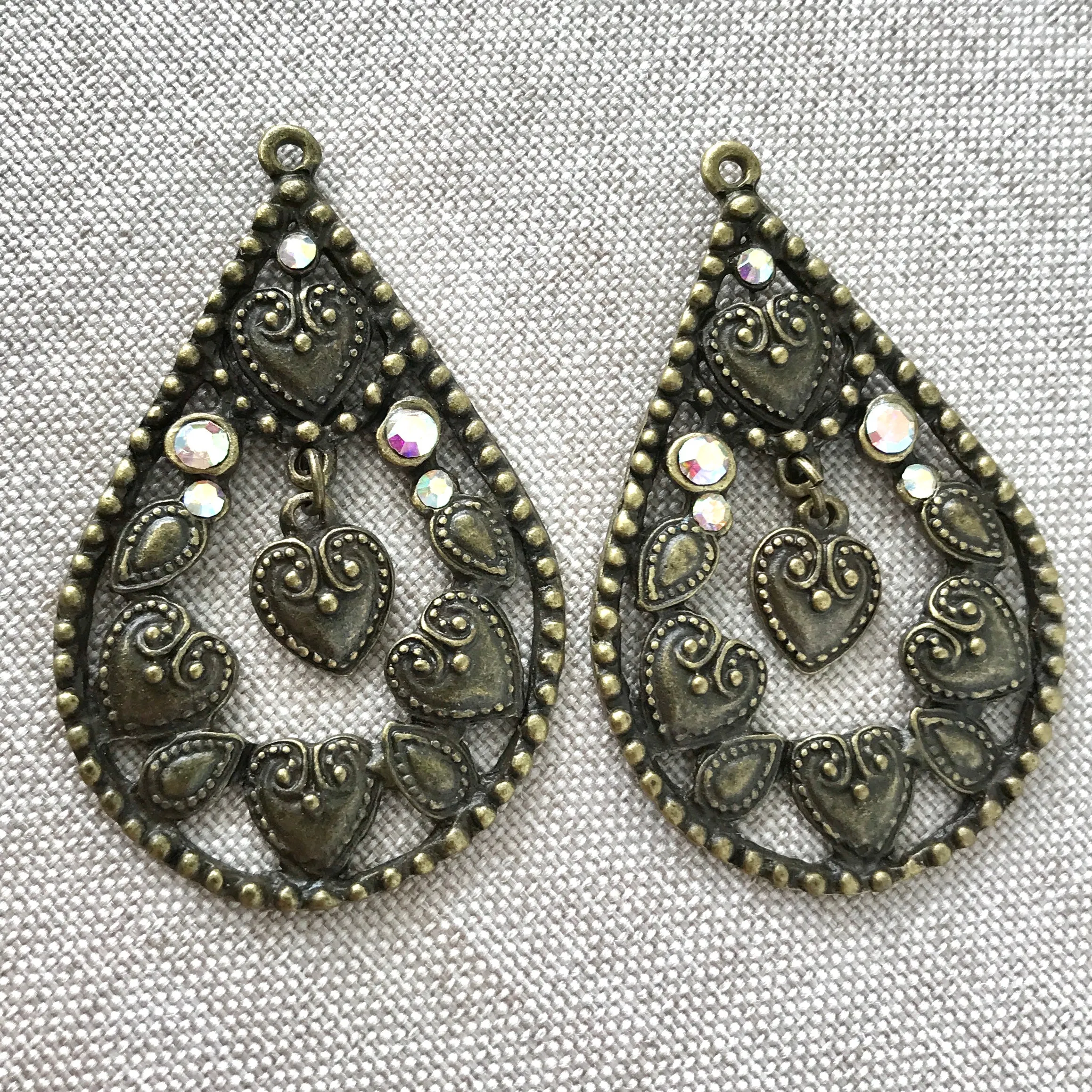 Heart Rhinestone Dangle Antique Gold Teardrop Charms - Antiqued Gold - Brass - 48mm - Package of 2 Charms
