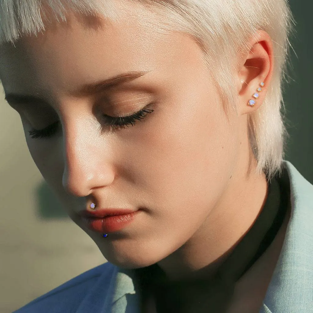 Implant Grade Titanium White Opal Flat Back Internally Threaded Labret Cartilage Tragus Ring