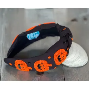 Jack Jack O' Lantern Pumpkin Top Knot Beaded Handmade Headband.