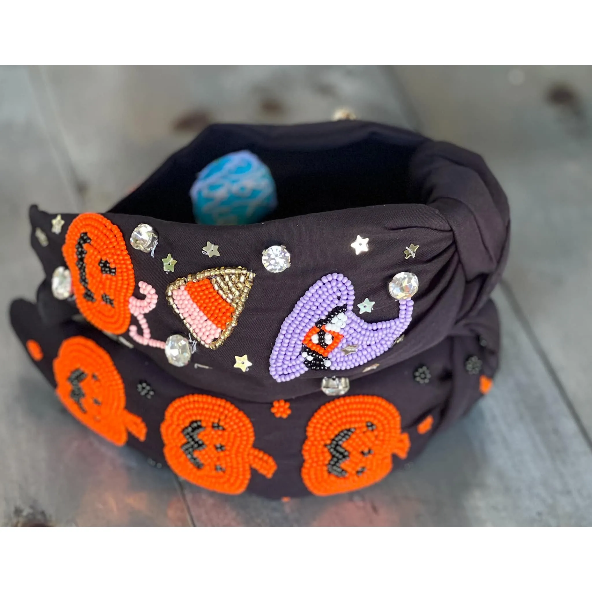 Jack Jack O' Lantern Pumpkin Top Knot Beaded Handmade Headband.