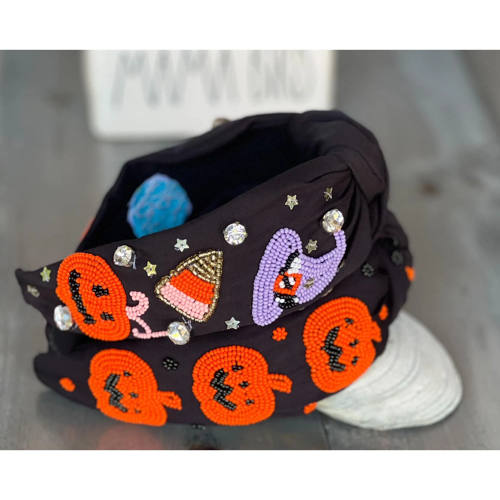 Jack Jack O' Lantern Pumpkin Top Knot Beaded Handmade Headband.