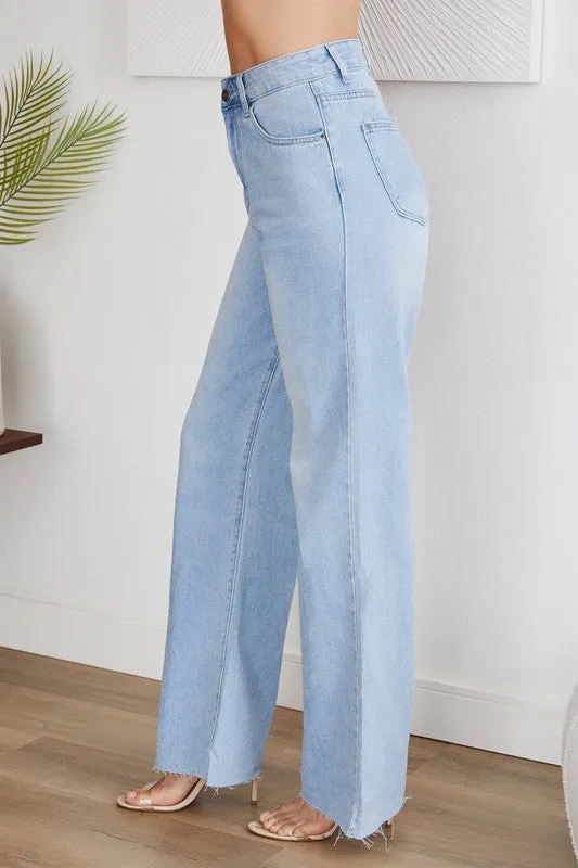 Jaylon light wash high rise wide leg  raw hem jean