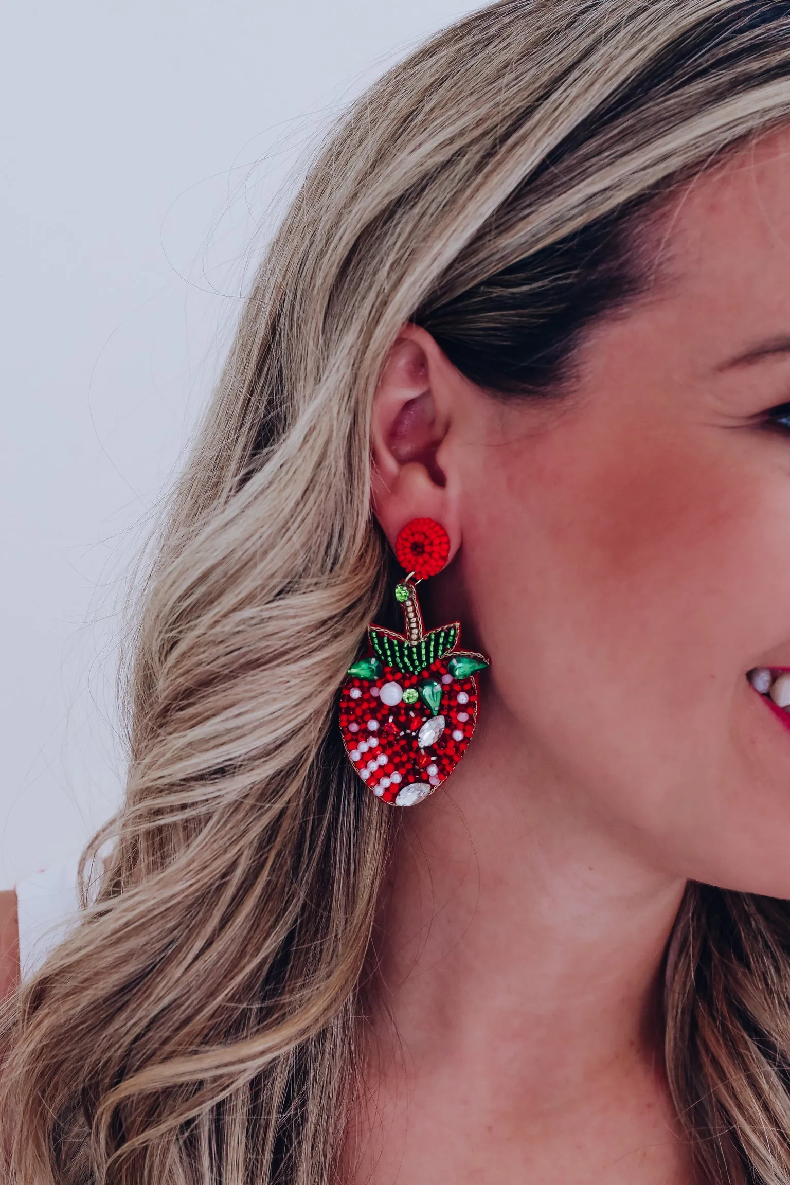 Jeweled Strawberry Beaded Earrings - Red