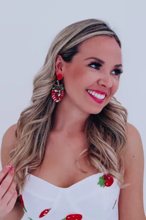 Jeweled Strawberry Beaded Earrings - Red