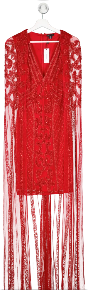 Karen Millen Red Tail Embellished Maxi Dress With Cape UK 6