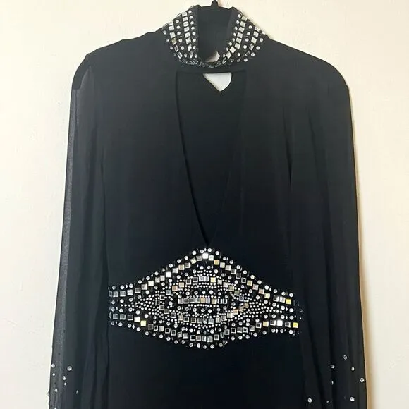 Kiki Riki Jewel Embellished Sheer Sleeve Choker Bodycon Dress, Size Medium Black