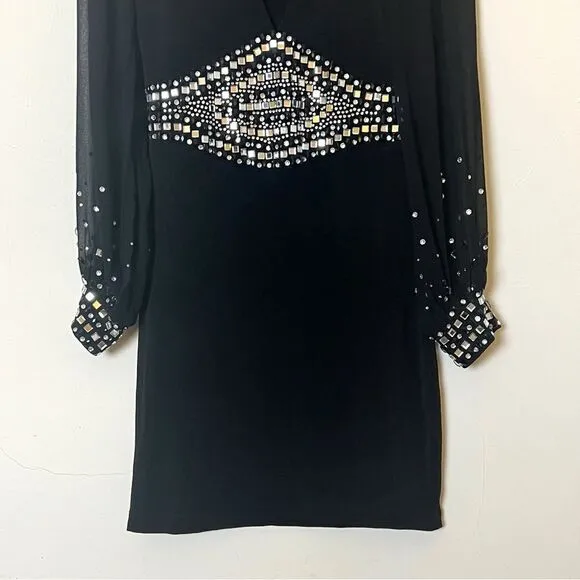 Kiki Riki Jewel Embellished Sheer Sleeve Choker Bodycon Dress, Size Medium Black