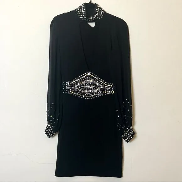 Kiki Riki Jewel Embellished Sheer Sleeve Choker Bodycon Dress, Size Medium Black
