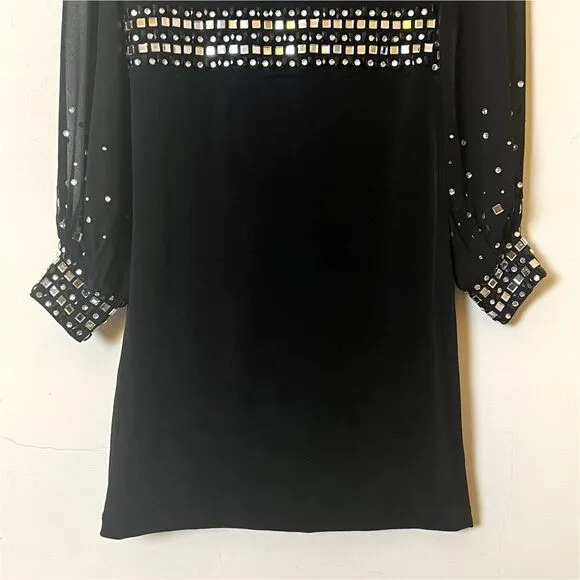 Kiki Riki Jewel Embellished Sheer Sleeve Choker Bodycon Dress, Size Medium Black