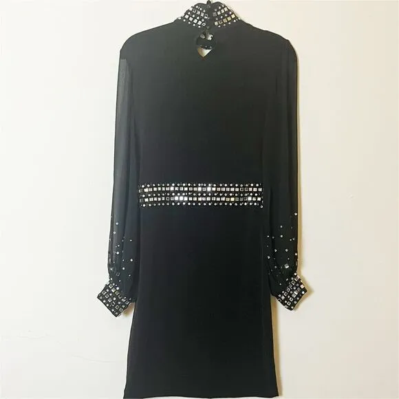 Kiki Riki Jewel Embellished Sheer Sleeve Choker Bodycon Dress, Size Medium Black