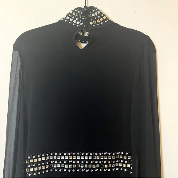 Kiki Riki Jewel Embellished Sheer Sleeve Choker Bodycon Dress, Size Medium Black