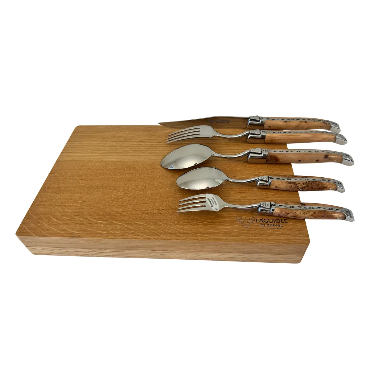 Laguiole en Aubrac Handcrafted 5-Piece Handcrafted Flatware Set, Juniper Wood Handles