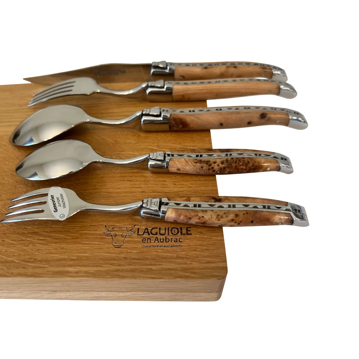 Laguiole en Aubrac Handcrafted 5-Piece Handcrafted Flatware Set, Juniper Wood Handles