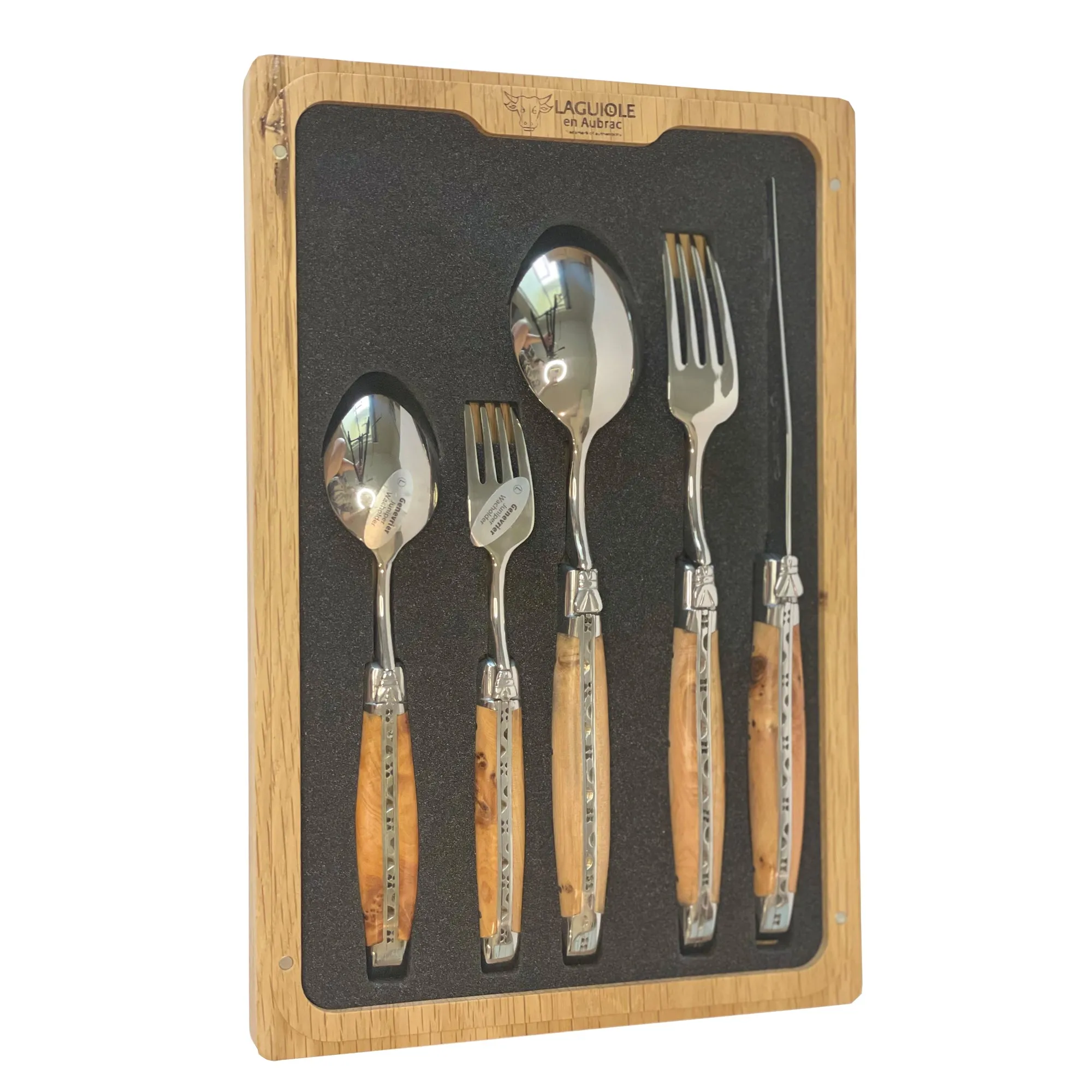 Laguiole en Aubrac Handcrafted 5-Piece Handcrafted Flatware Set, Juniper Wood Handles
