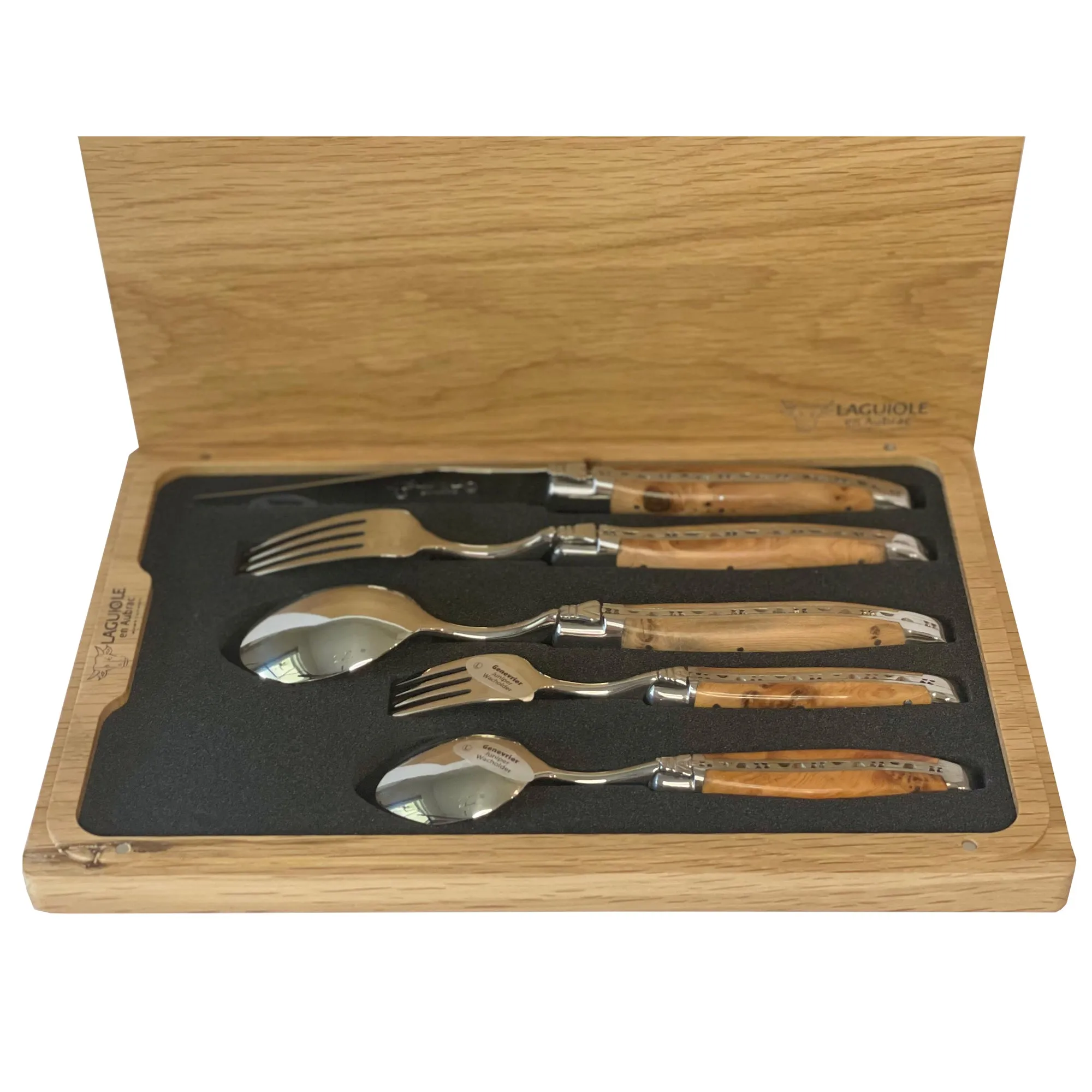Laguiole en Aubrac Handcrafted 5-Piece Handcrafted Flatware Set, Juniper Wood Handles
