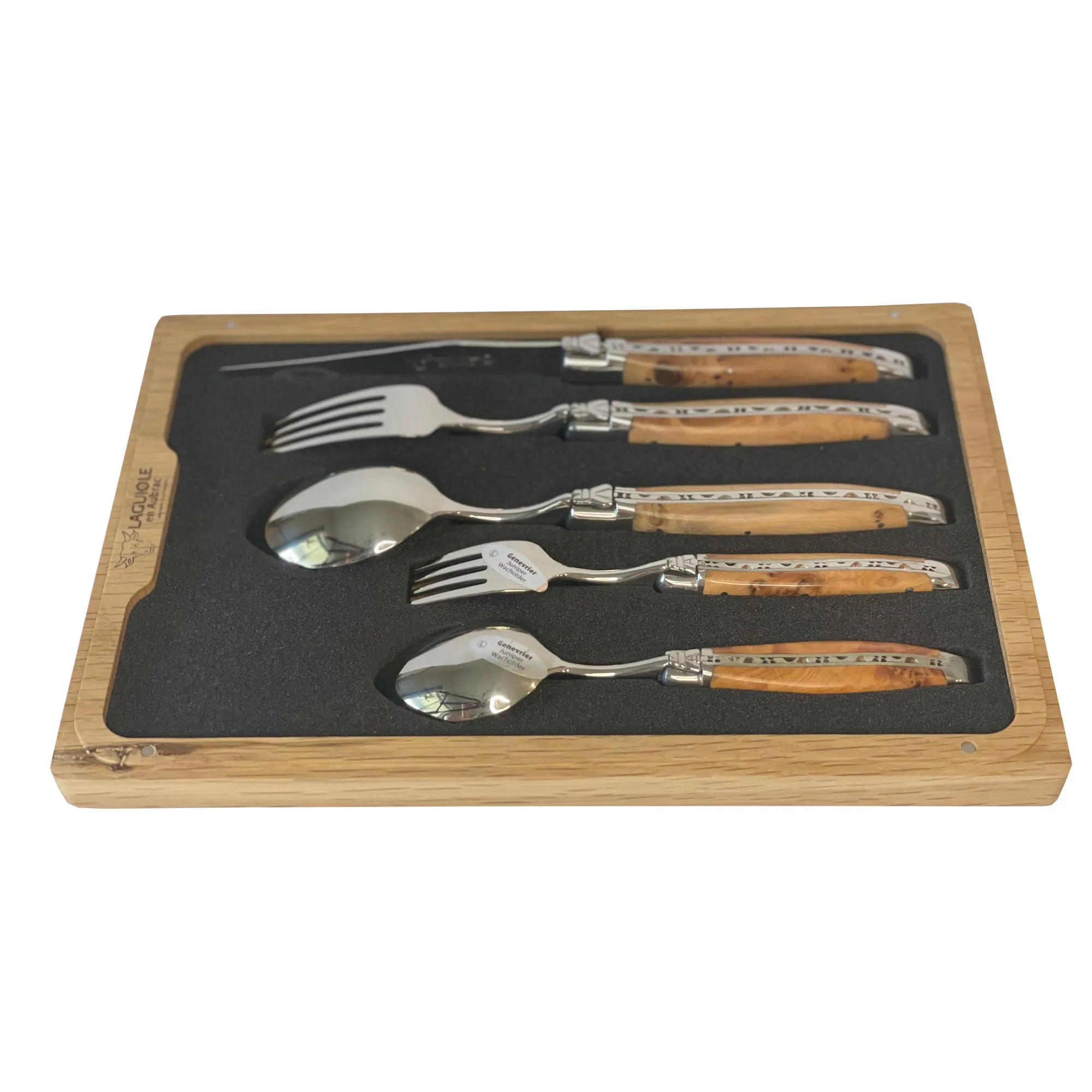 Laguiole en Aubrac Handcrafted 5-Piece Handcrafted Flatware Set, Juniper Wood Handles