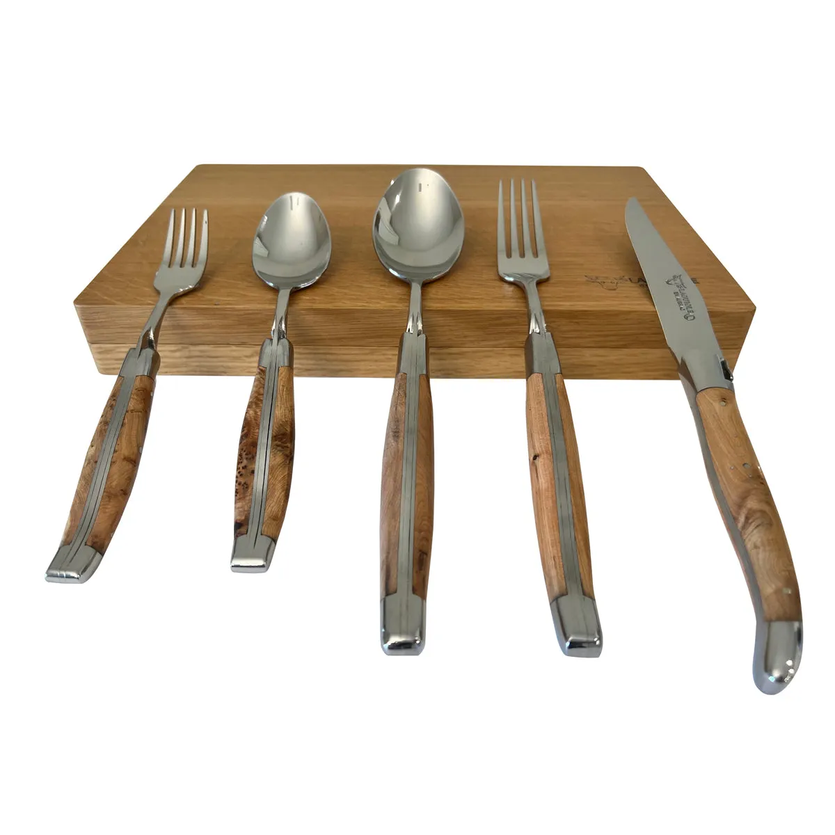 Laguiole en Aubrac Handcrafted 5-Piece Handcrafted Flatware Set, Juniper Wood Handles