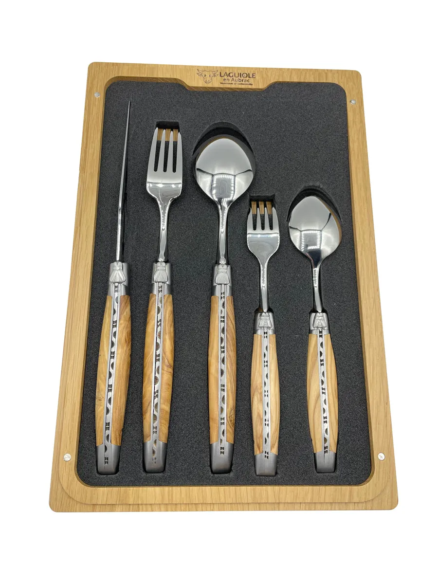 Laguiole en Aubrac Handcrafted 5-Piece Handcrafted Flatware Set, Olivewood Handles