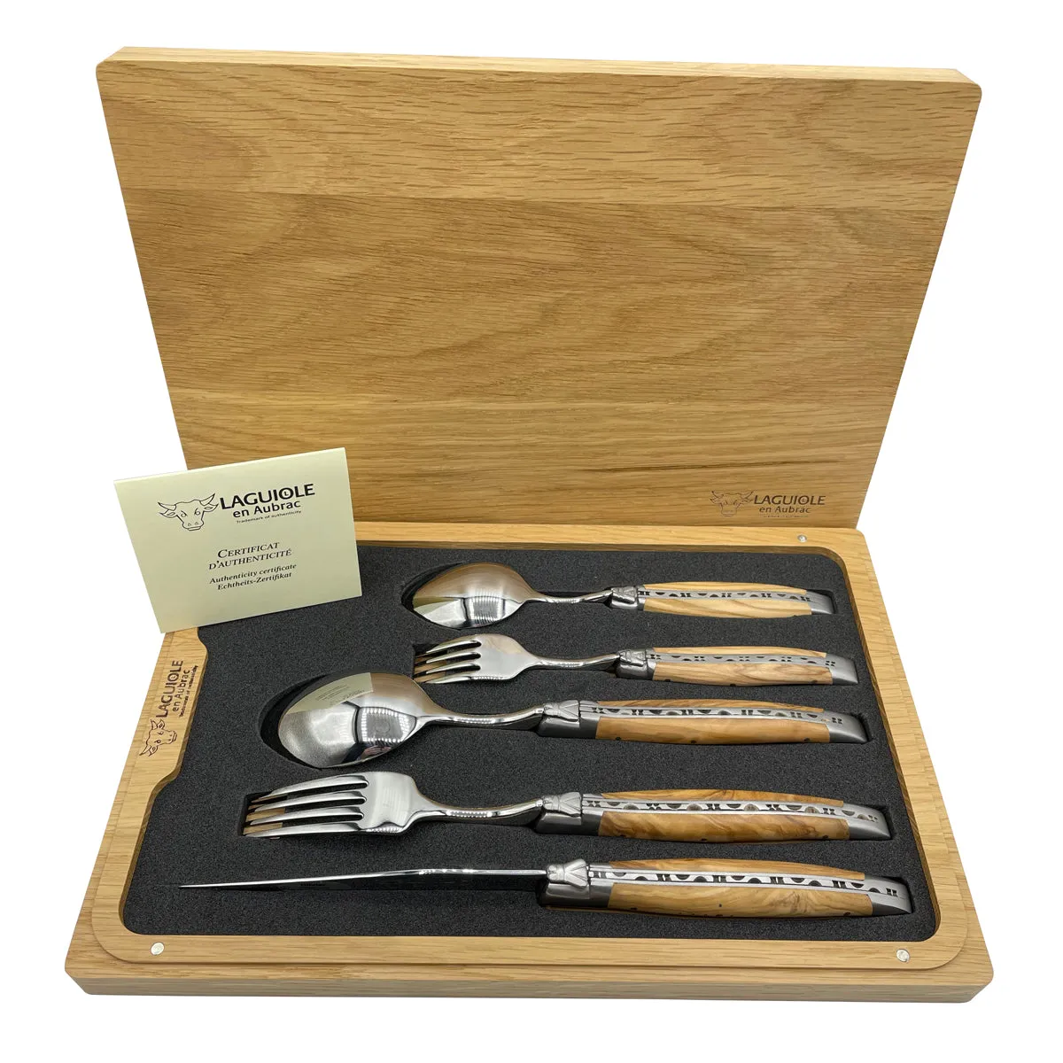 Laguiole en Aubrac Handcrafted 5-Piece Handcrafted Flatware Set, Olivewood Handles
