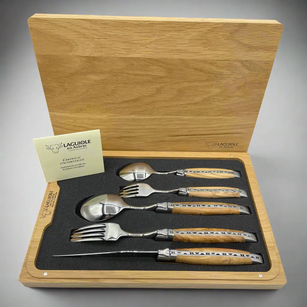 Laguiole en Aubrac Handcrafted 5-Piece Handcrafted Flatware Set, Olivewood Handles