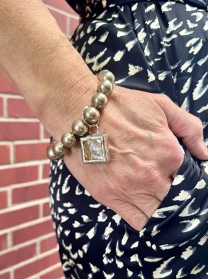 Large Pewter Beaded Stretch Bracelet w/Soldered Cube Charm