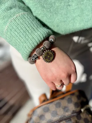 Lg Silver Copper Mini Beaded Bead Stretch Bracelet w/CZ Bead Accent w/Louis Vuitton Charm