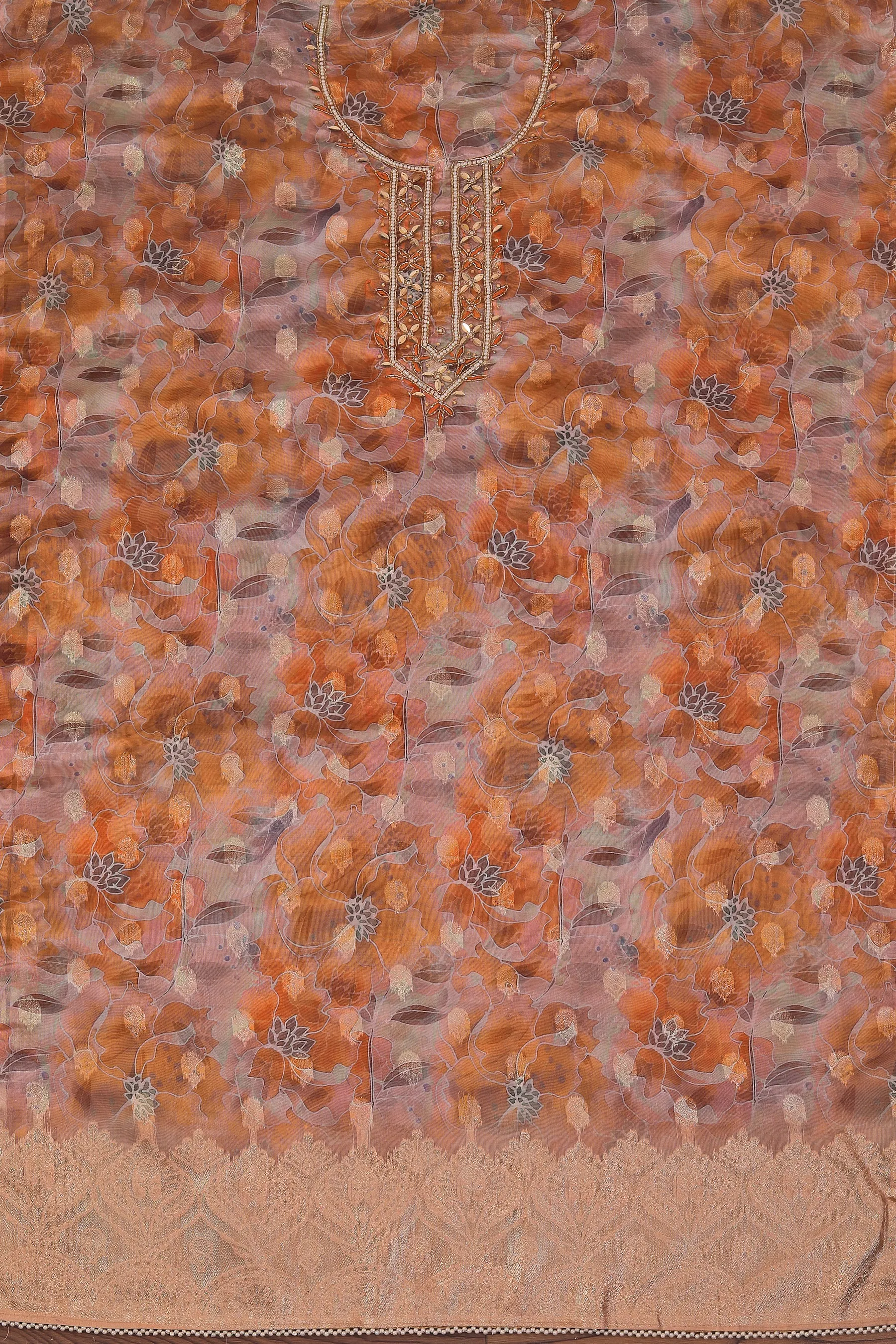Light Orange Embellished Ethnic Motif Printed Organza Dress Material	With Dupatta