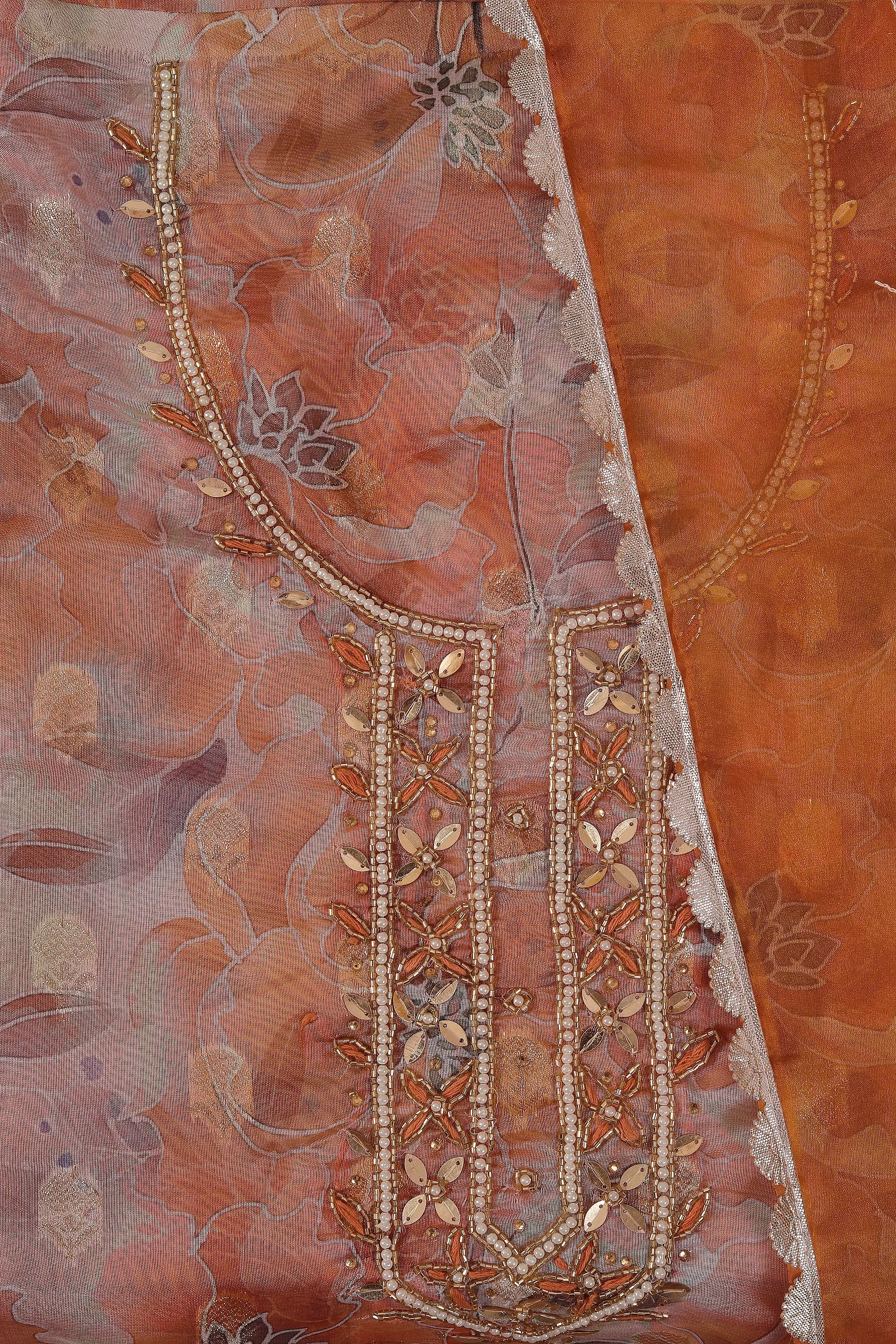Light Orange Embellished Ethnic Motif Printed Organza Dress Material	With Dupatta